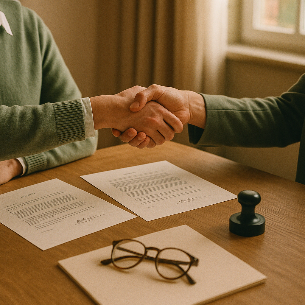 Two people shaking hands over signed documents at a wooden table