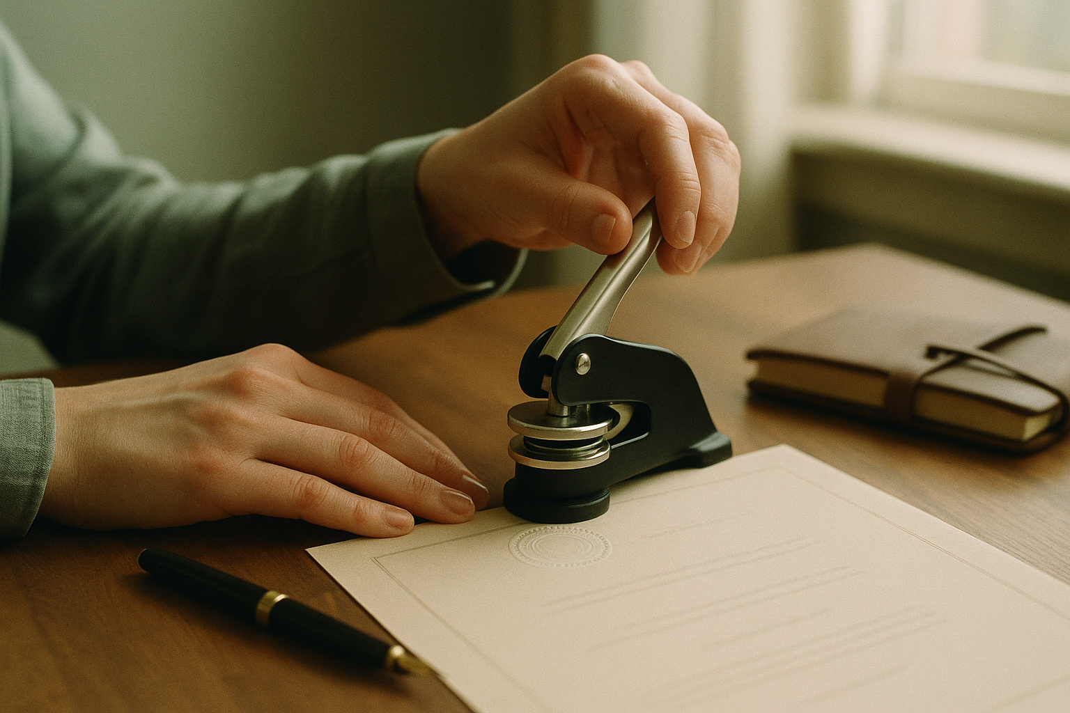 A notary public pressing an embossing seal onto a document at a warm wooden desk