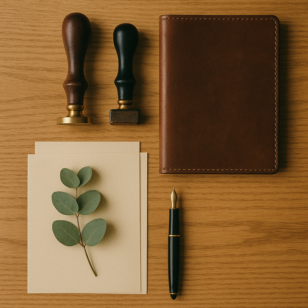 A notary's embossing seal, stamp, journal, and fountain pen arranged on a wooden desk