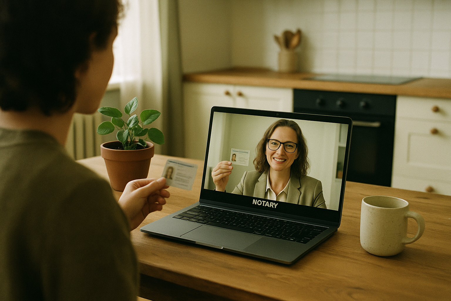 A person at a kitchen table holding up their ID during a video call with an online notary